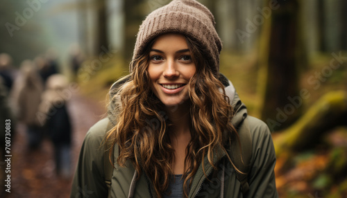 Young woman smiling outdoors, enjoying nature in autumn forest generated by AI