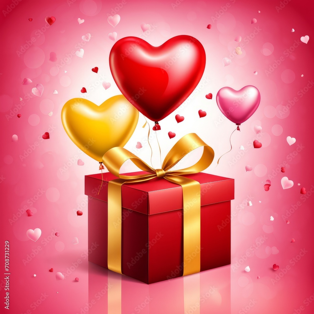 Festive background with realistic heart shaped balloons red and yellow colors, open gift box, Romantic banner.