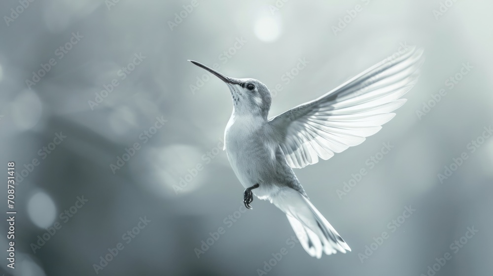  a black and white photo of a hummingbird flying in the air with its wings spread wide open and its beak extended, with a blurry background of boke. - obrazy, fototapety, plakaty 