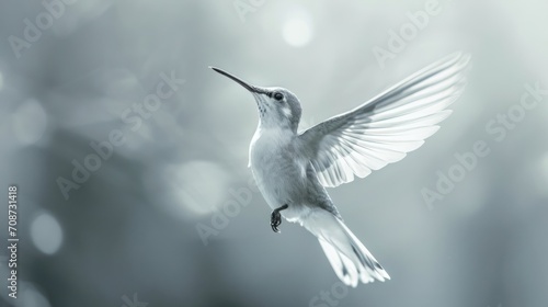  a black and white photo of a hummingbird flying in the air with its wings spread wide open and its beak extended, with a blurry background of boke. photo