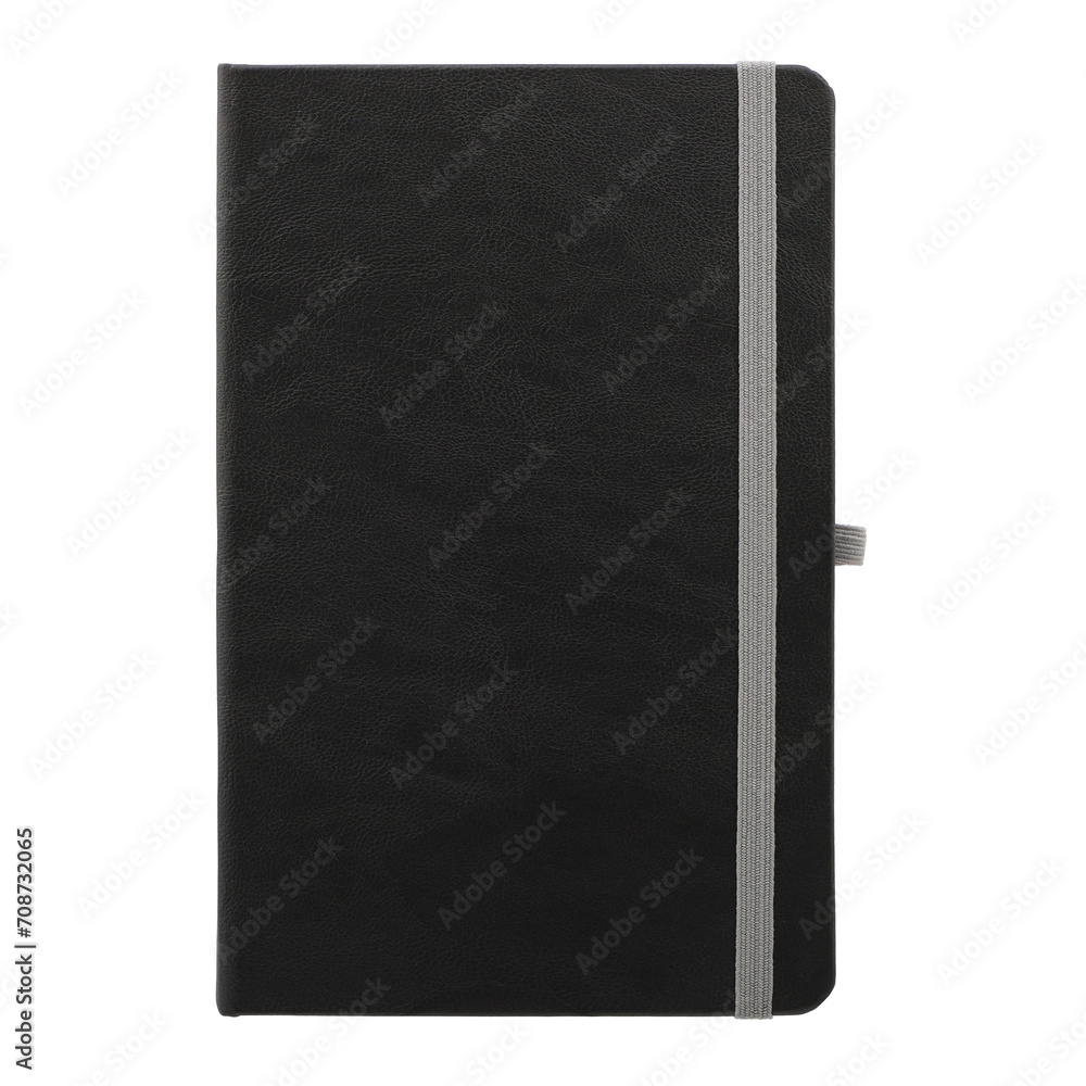 Black Leather Organizer, Daily Notebook with Pen Holder isolated on white background. Stylish daily planner with colored rubber pen holder, clipping path. Isolated background