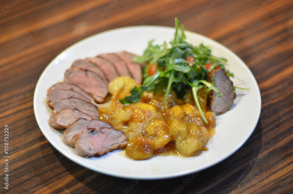 rosemary duck breast steak with vegetables and caramelized fruit rosemary duck breast steak with vegetables and caramelized fruit