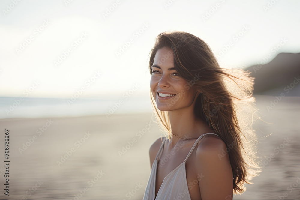 Young Caucasian Woman Basks in the Radiant Summer Sunset, Exuding Joy and Confidence in a Nature-Filled Portrait of Beauty and Carefree Leisure