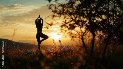  a woman doing yoga in a field with the sun setting behind her and a tree in the foreground, with the sun setting behind her, in the distance. #708732251