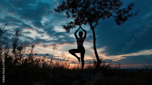  a silhouette of a woman doing yoga in front of a tree with the sun setting behind her and the clouds in the sky with a pink and blue hued. © Anna