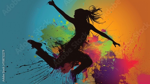  a woman jumping in the air in front of a multicolored paint splattered background with her arms in the air and her legs up in the air.