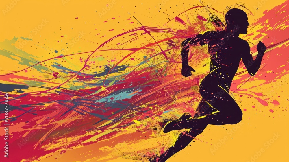  a silhouette of a running man with paint splatters on the background of a yellow and red background with a splash of paint in the shape of a running man.