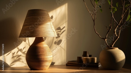  a lamp sitting on top of a wooden table next to a vase with a plant in it and a shadow of a tree on a wall behind the lamp shade. photo