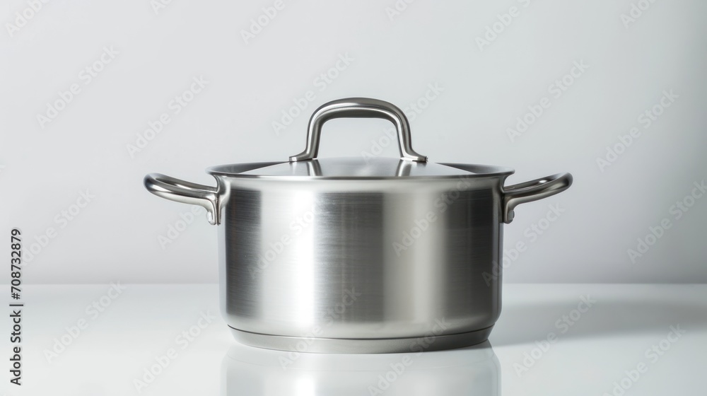 a stainless steel pot with a handle on a white surface with a reflection of the pot on the floor and a white wall in the background with a reflection of the pot. a stainless steel pot with a handle on a white surface with a reflection of the pot on the floor and a white wall in the background with a reflection of the pot.