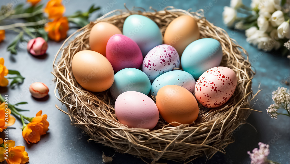 Beautiful color Easter eggs in a nest on an old dark background