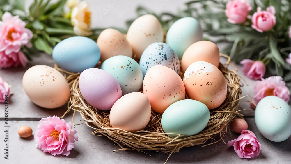 Beautiful color Easter eggs in a nest on an old dark background