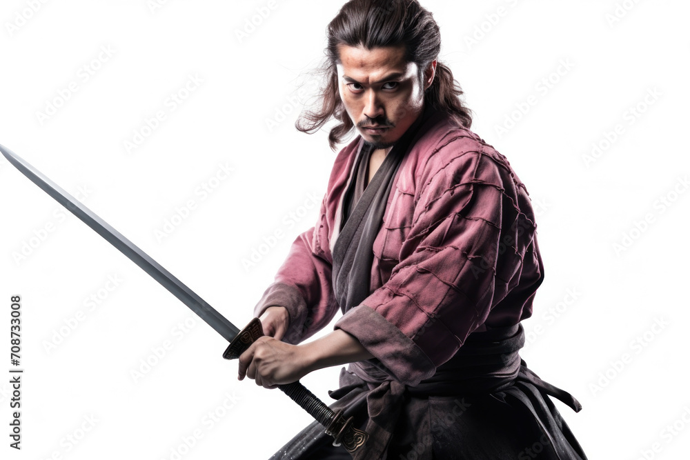 Confident man in traditional Japanese warrior attire, wielding a sword, exuding historical bravery. Confident man in traditional Japanese warrior attire, wielding a sword, exuding historical bravery.