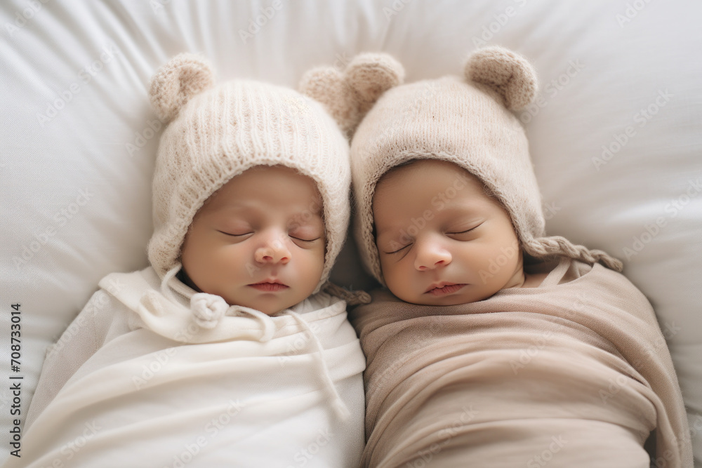Cute newborn twin brother and sister sleeping peacefully together, a sweet portrait of innocence and togetherness. Cute newborn twin brother and sister sleeping peacefully together, a sweet portrait of innocence and togetherness.
