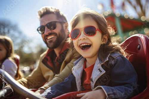 An excited father and delighted daughter enjoy a roller coaster together at an amusement park.