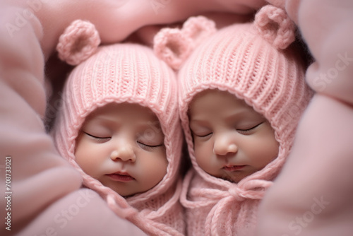 A portrait of cute newborn twin babies wearing knitted hats, lying together in a sweet family moment.