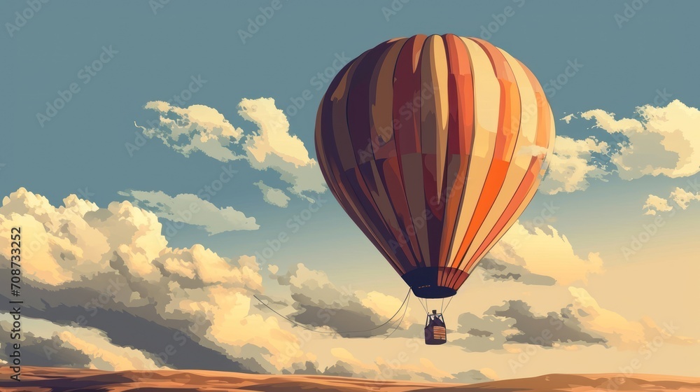 Obraz premium a painting of a hot air balloon flying in the sky with a person in the bottom of the balloon in the foreground, and a blue sky with white clouds in the background.