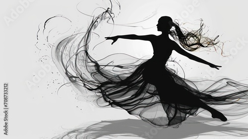  a black and white photo of a woman in a long dress with her hair blowing in the wind, with a white background and a black silhouette of a woman in the foreground.
