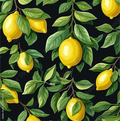 Vector bright summer pattern with tropical fruits lemon, 
leaves on black background. 
Fashion ornament for fabric, paper, 
textiles, notepad, women clothing, card, packaging.