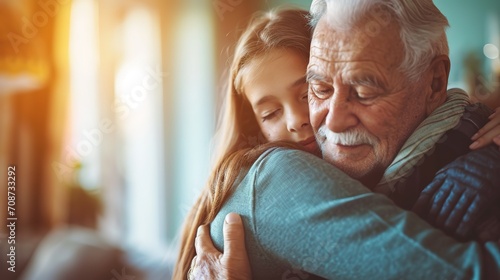 Photographie A tender moment as an elderly man hugs a young girl, likely his granddaughter, with a warm and affectionate embrace