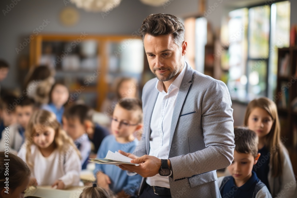 Focused male teacher holding papers while teaching a class of elementary students Focused male teacher holding papers while teaching a class of elementary students