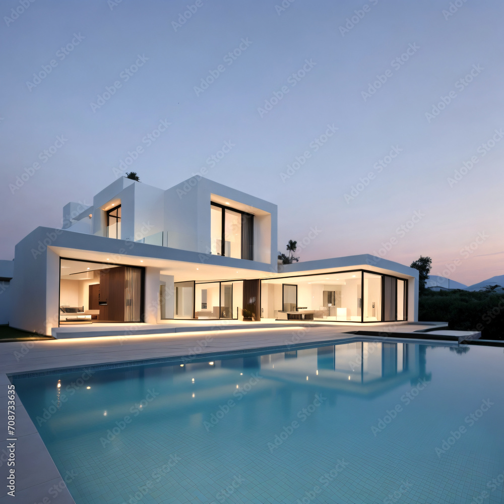 modern minimalist cubic villa with swimming pool.Generative AI