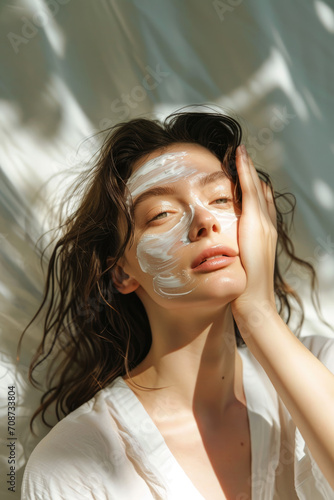 closeup of beauty natural scandinavian brunette woman with freckles natural skin for skincare mask salon commercial advertisement with studio light looking at camera in editorial magazine copy space
