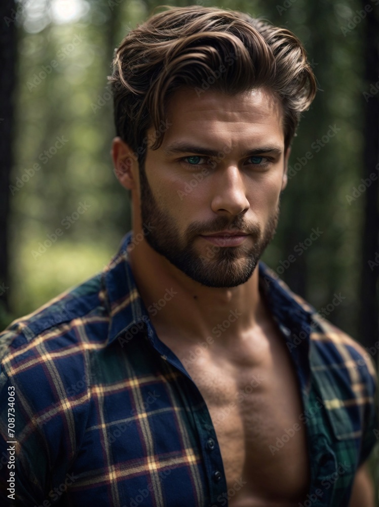 Fototapeta premium Shirtless Man Walking Through Forest. Generative AI.