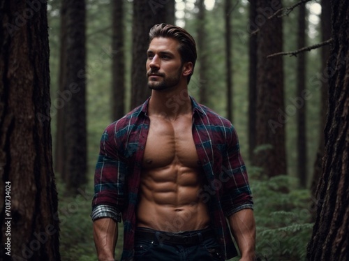 Shirtless Man Walking Through Forest. Generative AI.