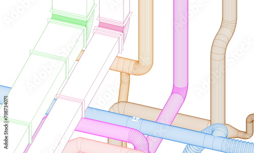 BIM (Building Information Modeling) ventilation system design 3d illustration.