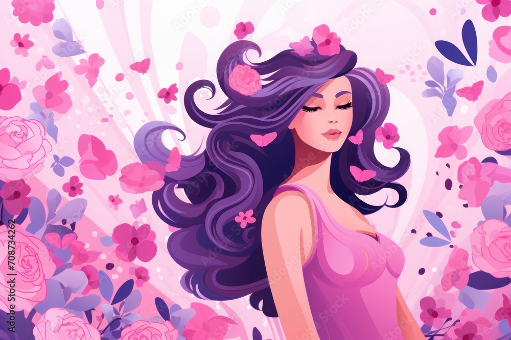 girl with flowers, Elegant woman with purple hair and pink flowers illustration, Women´s day