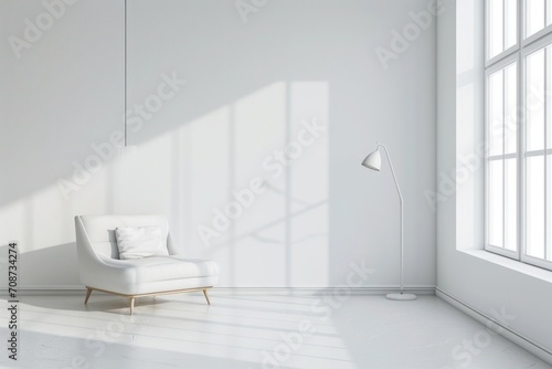 background  Minimalist white room with simple furniture Elegance in simplicity  a modern white chair stands in a serene  bright room