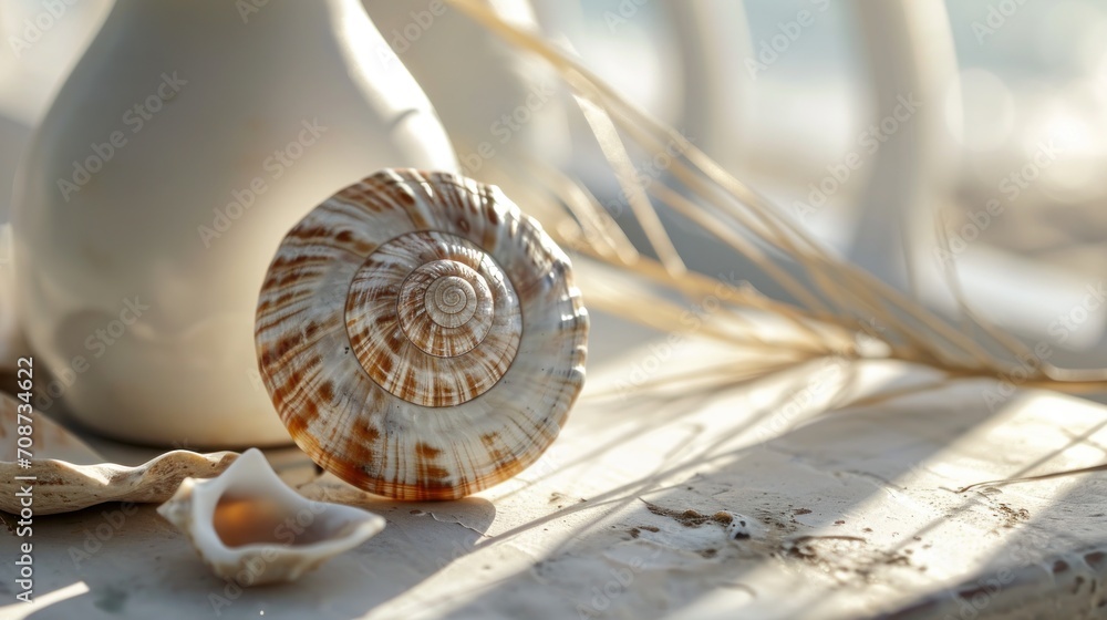 Obraz premium a sea shell sitting on top of a wooden table next to a white vase and a long stalk of dry grass in front of a white vase on a wooden table.