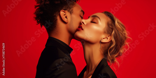 Attractive passionate couple against red background