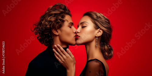 Attractive passionate couple against red background photo
