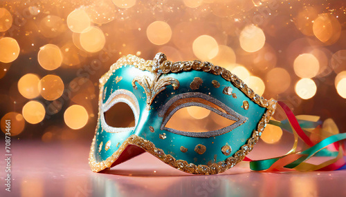 Carnival mask on peach background with space for text, bokeh lights in the background. Venetian Carnival mask on a neutral background. © Patrick