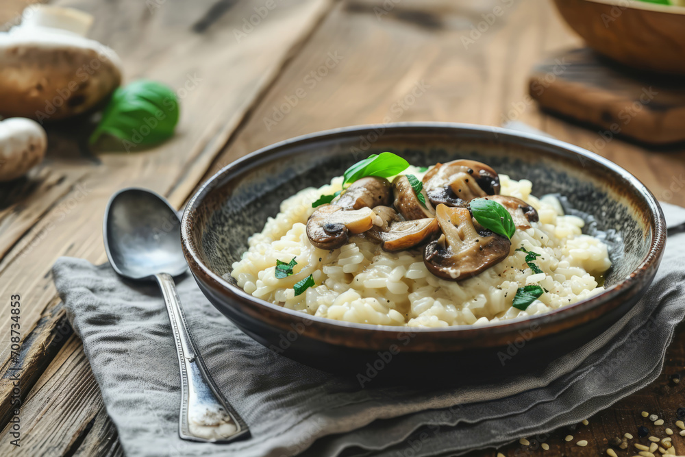 Homemade creamy risotto with brown champignon mushrooms and parsley. Generative AI