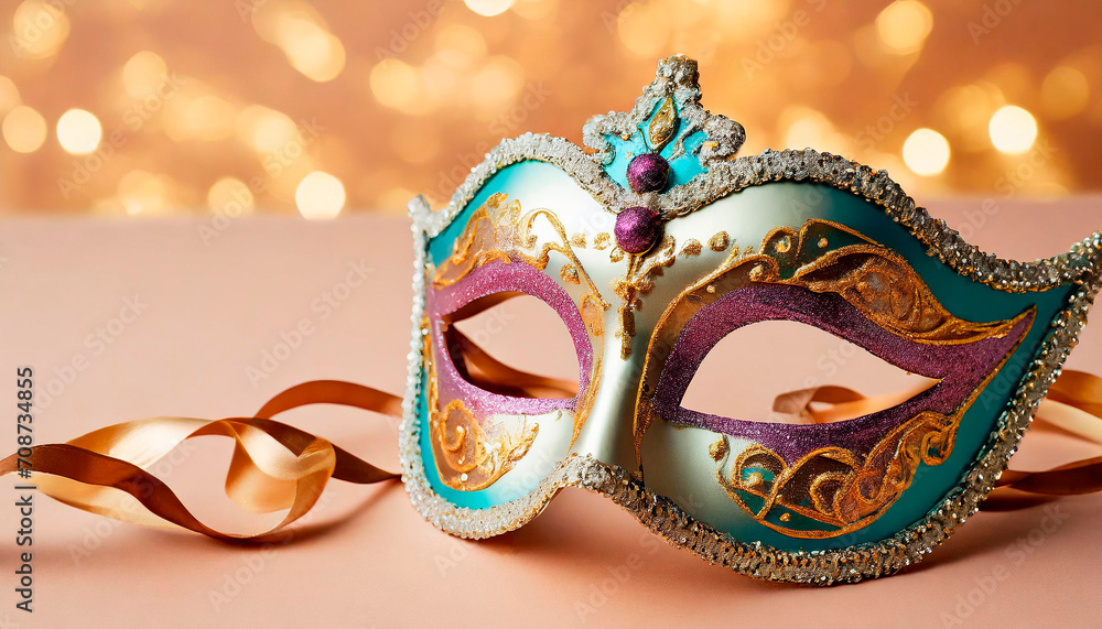 Carnival mask on peach background with space for text, bokeh lights in the background. Venetian Carnival mask on a neutral background.