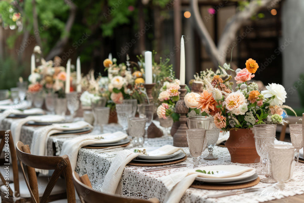 Outdoor lunch table setting with flowers. Romantic table setting with tablecloth, plates, crystal goblets, beautiful bouquets. Generative AI Outdoor lunch table setting with flowers. Romantic table setting with tablecloth, plates, crystal goblets, beautiful bouquets. Generative AI