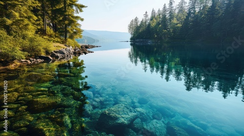  a body of water next to a forest filled with lots of green trees on the side of a body of water with rocks on the side of the water and trees on the other side of the water. © Anna