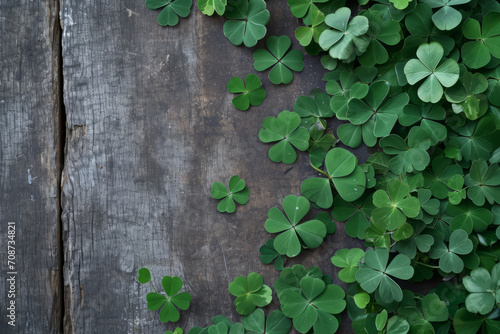 Clover leaves on wooden table. St. Patrick's Day background. Generative AI