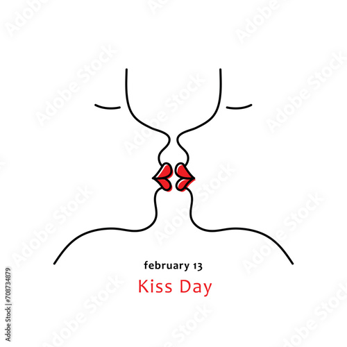kiss day, february 13, kissing people silhouette with red lips, valentine week, black line vector illustration, editable stroke