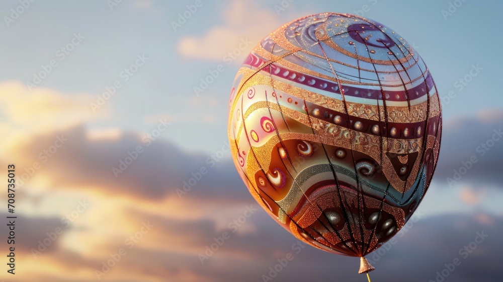 a multicolored hot air balloon flying in the air with a cloudy sky in ...