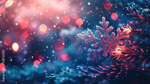 A single frosted snowflake rests delicately on a pine branch amid a backdrop of colorful, defocused lights and falling snowflakes, creating a magical wintry scene.