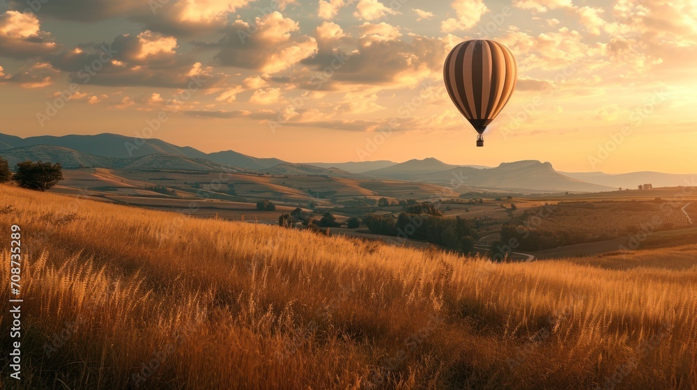 Obraz premium a hot air balloon flying in the sky above a field of tall grass and a hill in the distance with hills in the distance and clouds in the sky above.