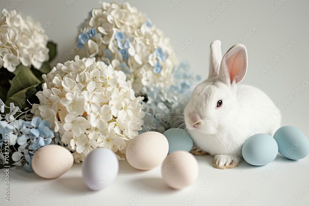 White Bunny surrounded by pastel colored eggs and blooming hydrangeas