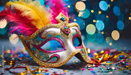 Carnival mask on a colorful background with Copy Space and floral composition with various flowers. Venetian Carnival mask on a neutral background, confetti and bokeh of lights.