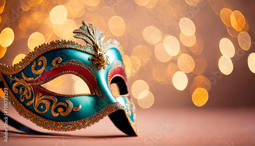Carnival mask on a peach background with Copy Space and floral composition with various flowers. Venetian Carnival mask on a neutral background and bokeh of lights.