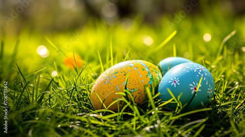 Easter eggs in green grass. Festive. Holiday.
