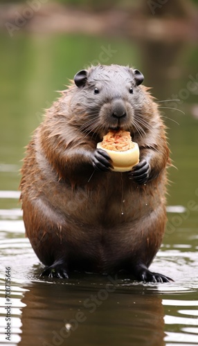 A beaver is eating a donut in the water. Generative AI.