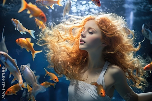 Ethereal Underwater Scene with Woman and Goldfish